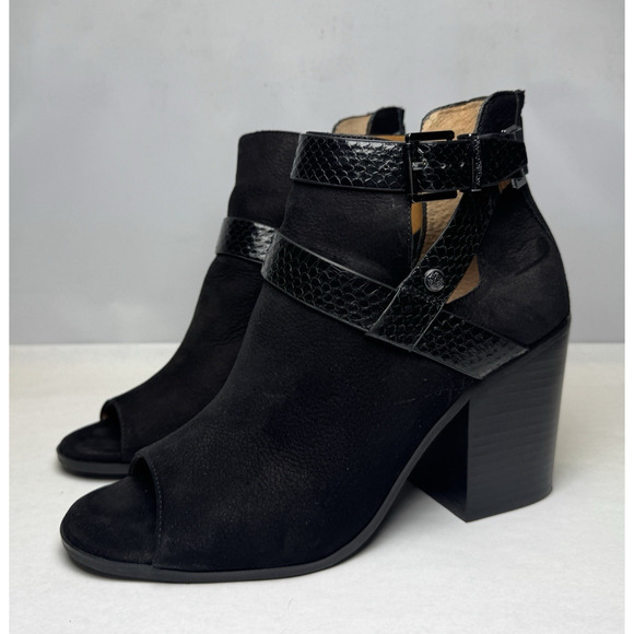 Arturo Chiang Caraleigh Open Toe Ankle Booties Womens Size 8.5 Black Suede Snake - Picture 1 of 9